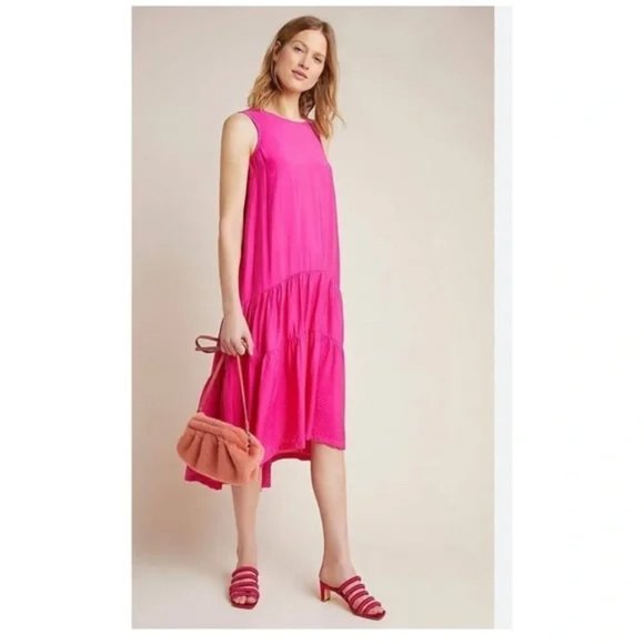 NWOT Anthropologie Maeve Marlene Tiered Midi Dress in Hot Pink size XLP - Picture 3 of 3